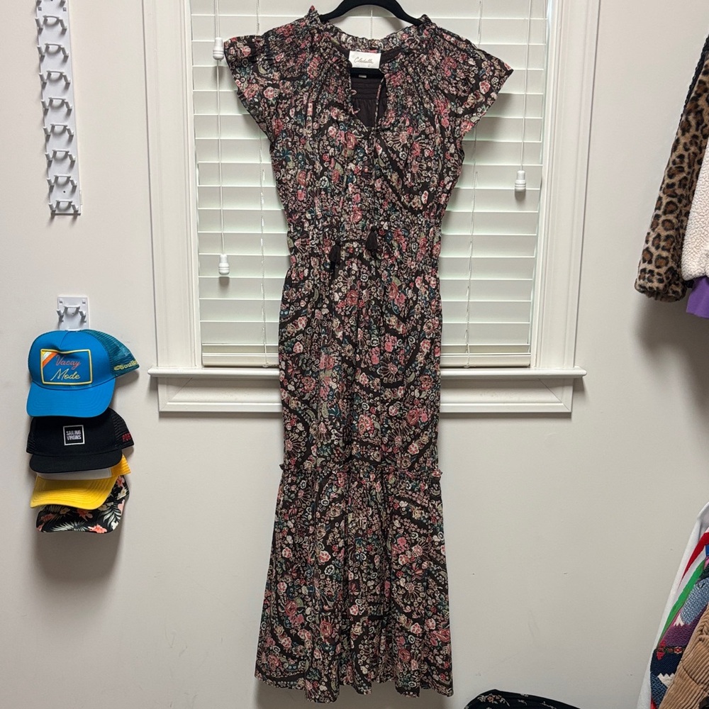 Cleobella Brown Floral Midi Dress with Ruffle Cap Sleeves - Picture 4 of 5